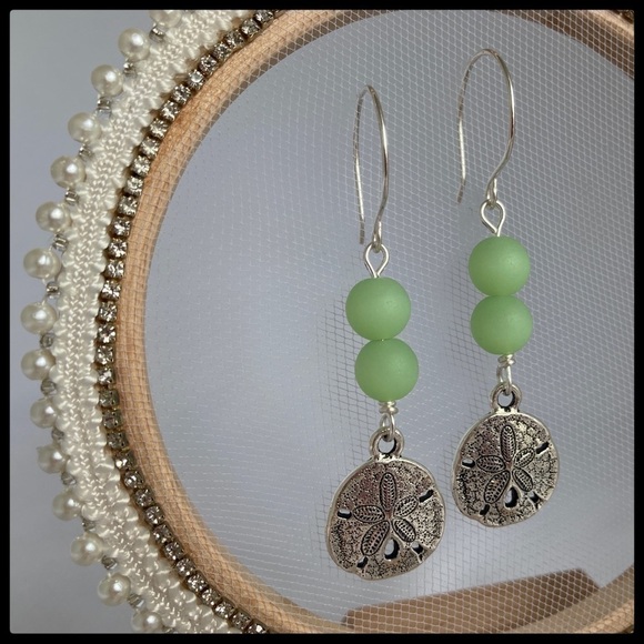 SEA Glass Beads and Sand Dollar Charm Dangle Earrings - Picture 10 of 10